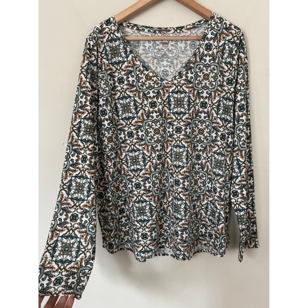 Sonoma  Everyday Tee XXL Long Sleeve Holiday Paisley V-Neck Gold Accents